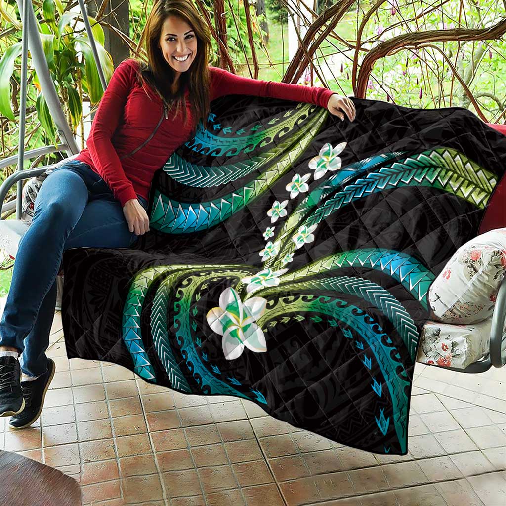 Hawaii Plumeria Quilt Chartreuse Cyan Polynesian Pattern