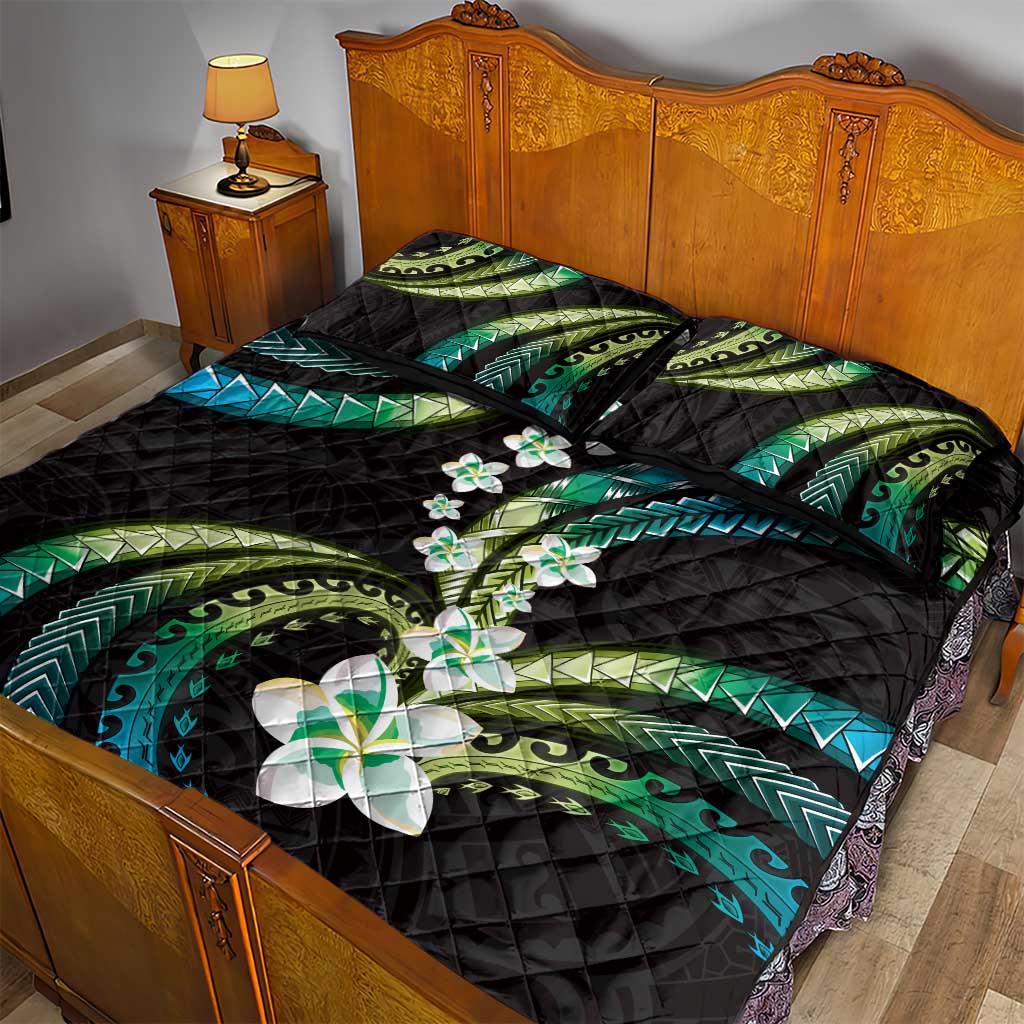 Hawaii Plumeria Quilt Bed Set Chartreuse Cyan Polynesian Pattern