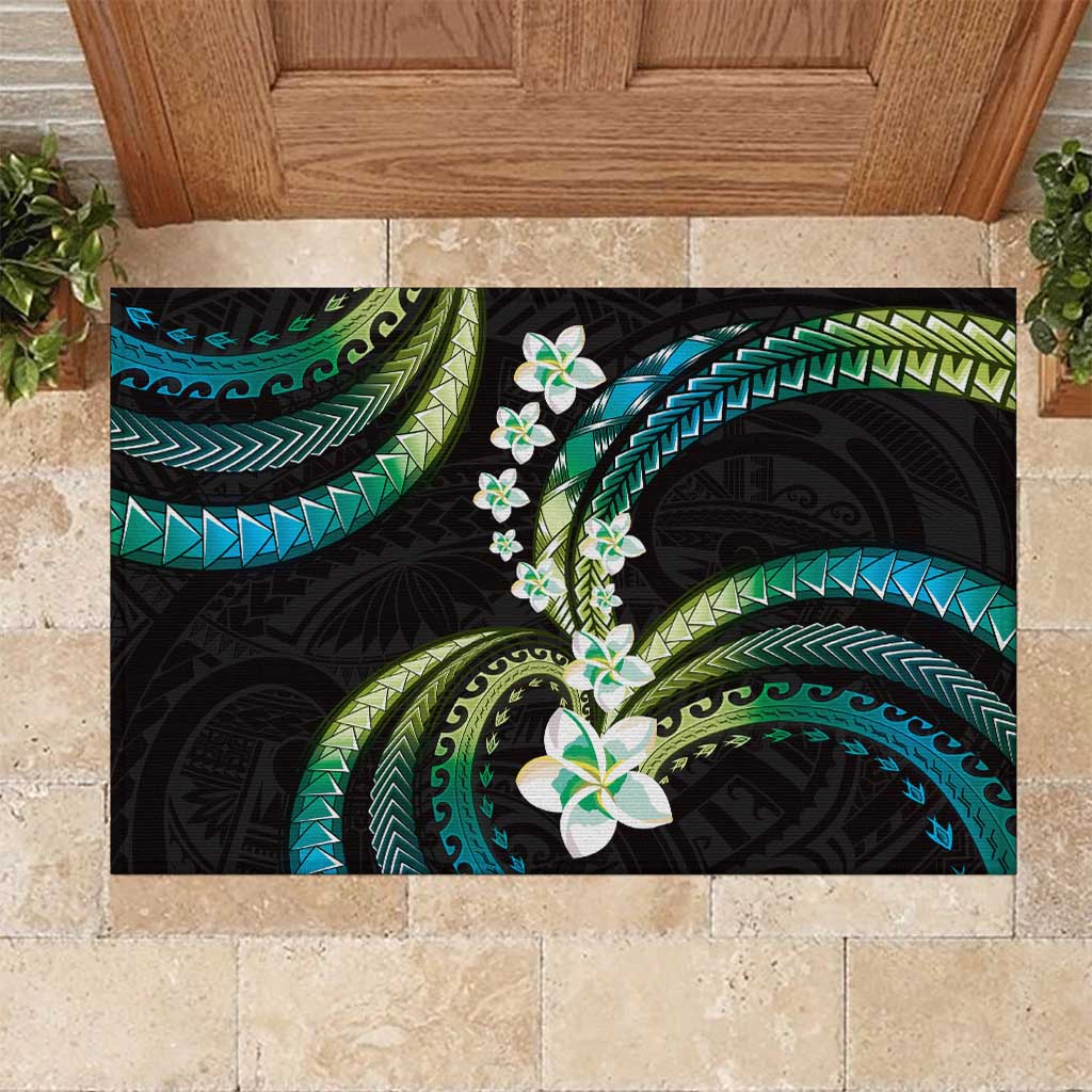 Hawaii Plumeria Rubber Doormat Chartreuse Cyan Polynesian Pattern