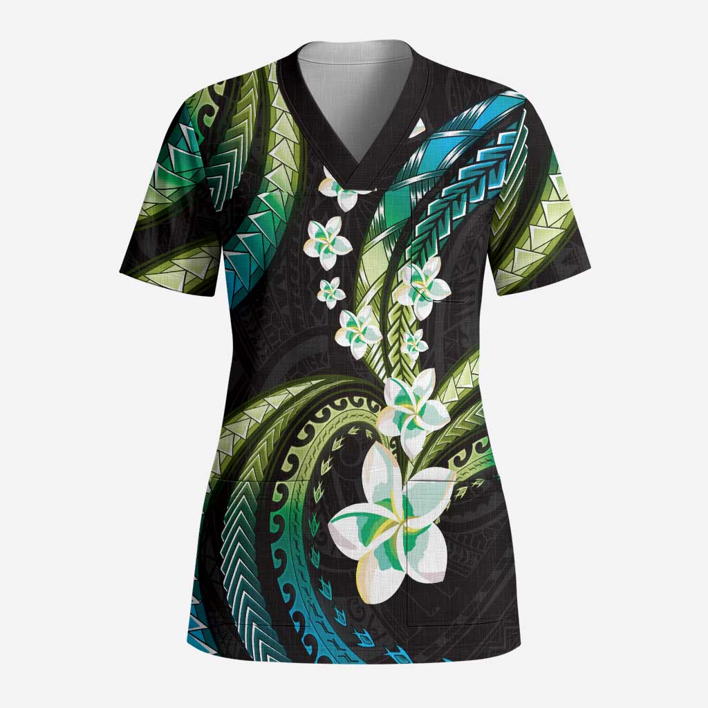 Hawaii Plumeria Scrub Top Chartreuse Cyan Polynesian Pattern - Polynesian Pride