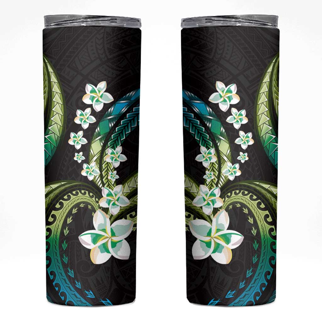 Hawaii Plumeria Skinny Tumbler Chartreuse Cyan Polynesian Pattern