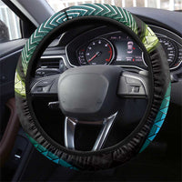Hawaii Plumeria Steering Wheel Cover Chartreuse Cyan Polynesian Pattern