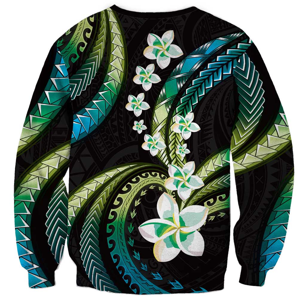 Hawaii Plumeria Sweatshirt Chartreuse Cyan Polynesian Pattern