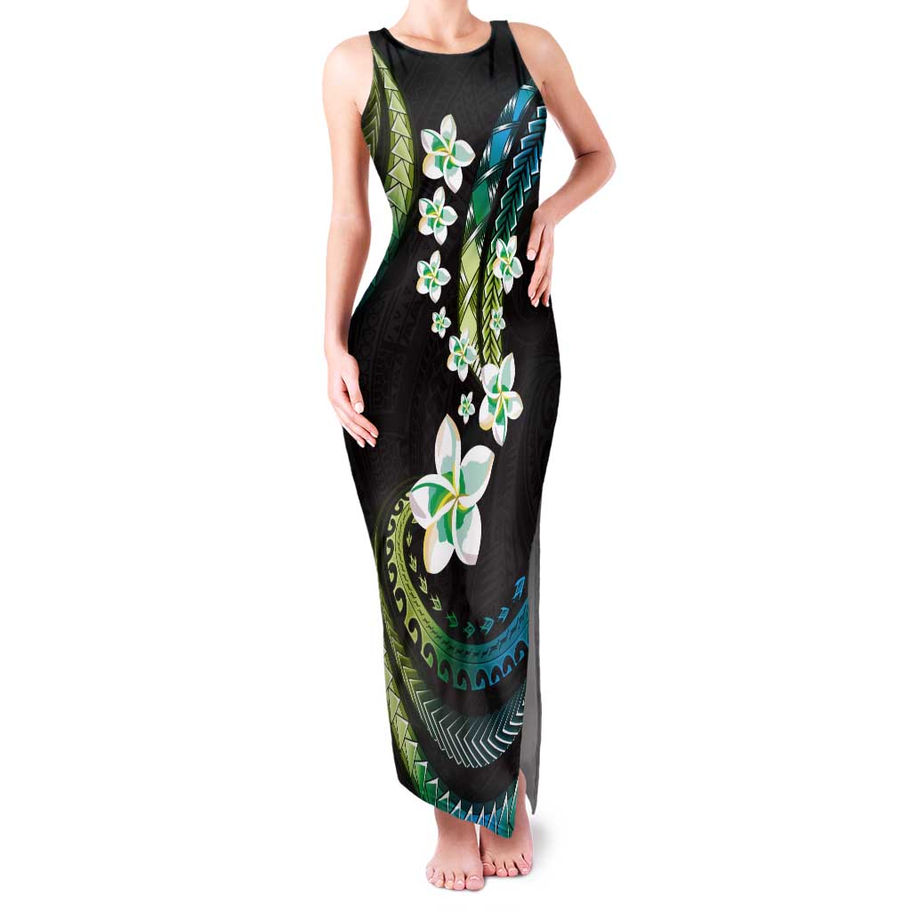 Hawaii Plumeria Tank Maxi Dress Chartreuse Cyan Polynesian Pattern