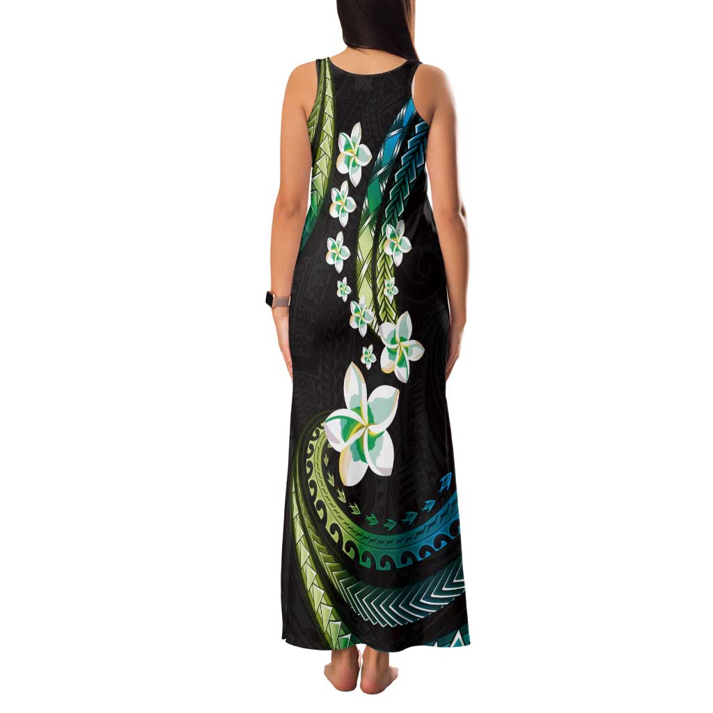 Hawaii Plumeria Tank Maxi Dress Chartreuse Cyan Polynesian Pattern