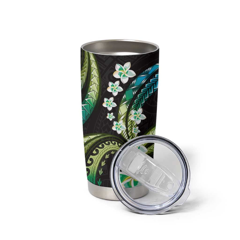 Hawaii Plumeria Tumbler Cup Chartreuse Cyan Polynesian Pattern