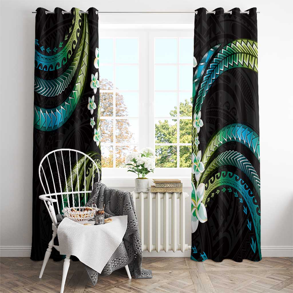 Hawaii Plumeria Window Curtain Chartreuse Cyan Polynesian Pattern