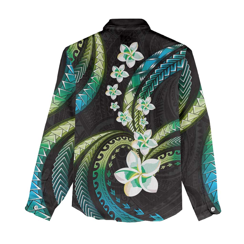Hawaii Plumeria Women Casual Shirt Chartreuse Cyan Polynesian Pattern