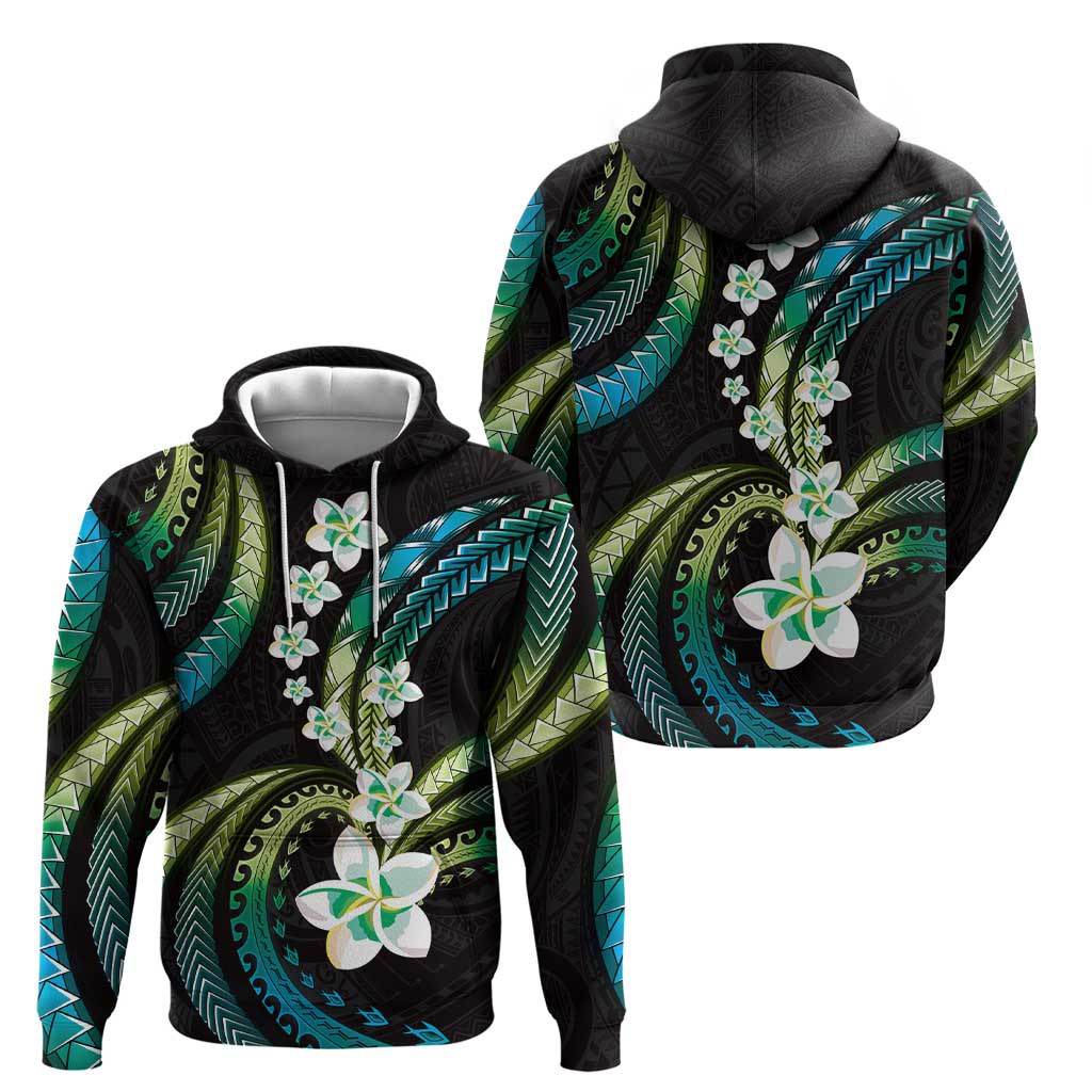 Hawaii Plumeria Zip Hoodie Chartreuse Cyan Polynesian Pattern