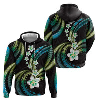Hawaii Plumeria Zip Hoodie Chartreuse Cyan Polynesian Pattern
