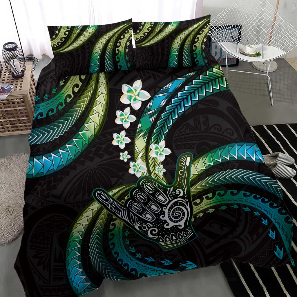 Hawaii Shaka Sign Bedding Set Fantastic Frangipani Chartreuse Cyan