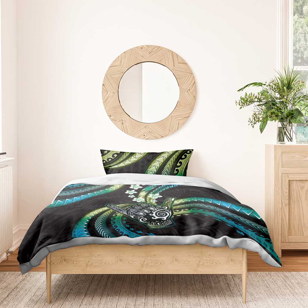 Hawaii Shaka Sign Bedding Set Fantastic Frangipani Chartreuse Cyan