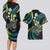 Hawaii Shaka Sign Couples Matching Long Sleeve Bodycon Dress and Hawaiian Shirt Fantastic Frangipani Chartreuse Cyan