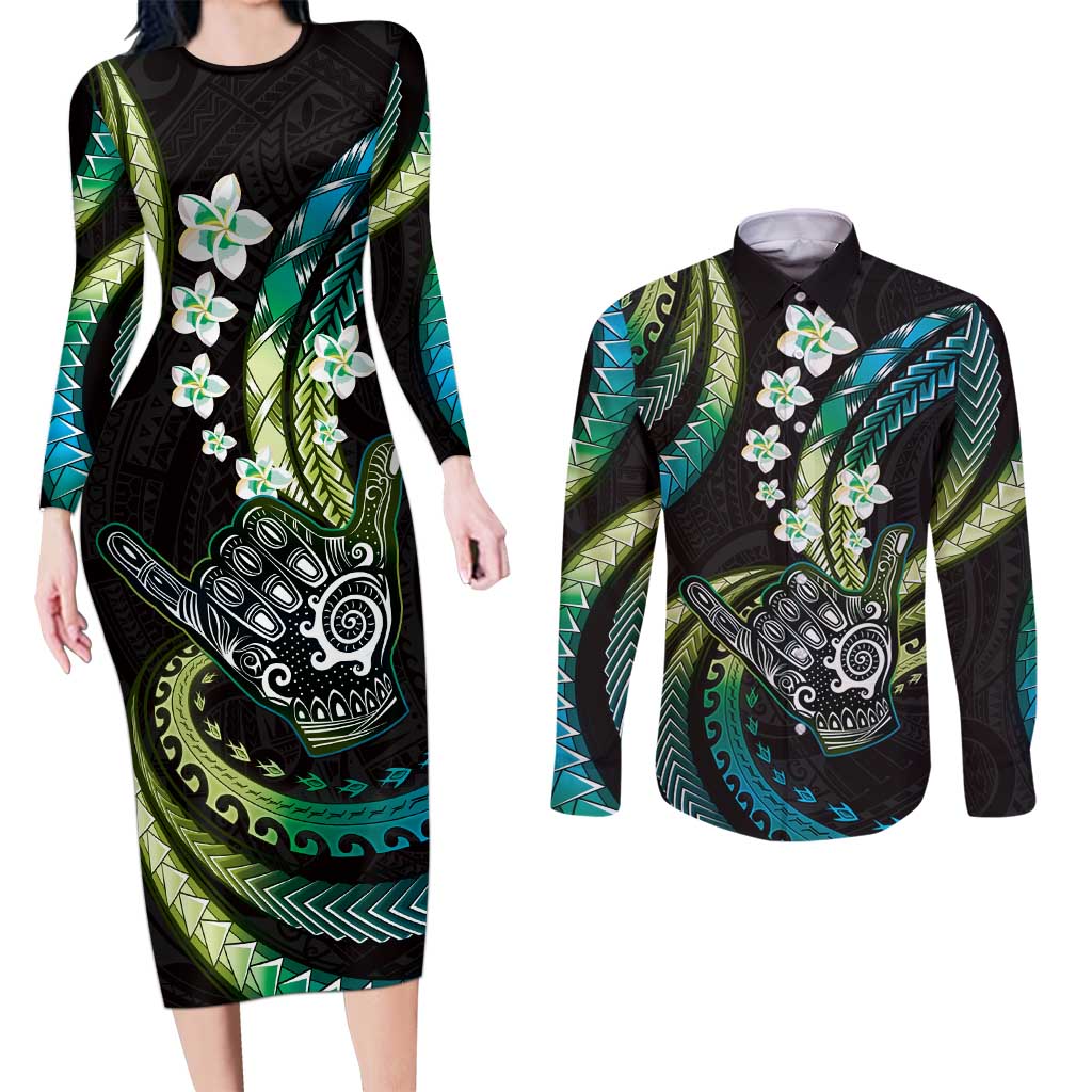Hawaii Shaka Sign Couples Matching Long Sleeve Bodycon Dress and Long Sleeve Button Shirt Fantastic Frangipani Chartreuse Cyan