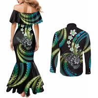 Hawaii Shaka Sign Couples Matching Mermaid Dress and Long Sleeve Button Shirt Fantastic Frangipani Chartreuse Cyan