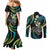 Hawaii Shaka Sign Couples Matching Mermaid Dress and Long Sleeve Button Shirt Fantastic Frangipani Chartreuse Cyan