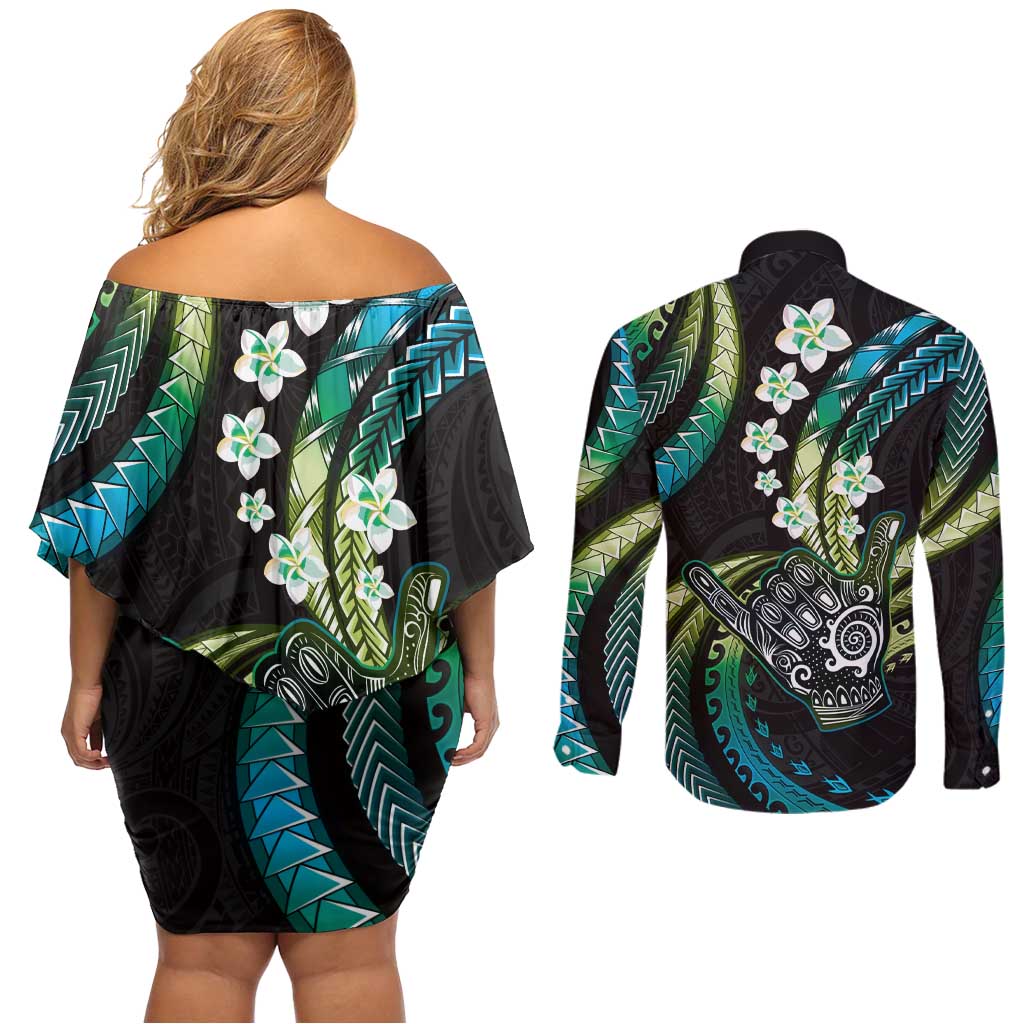 Hawaii Shaka Sign Couples Matching Off Shoulder Short Dress and Long Sleeve Button Shirt Fantastic Frangipani Chartreuse Cyan