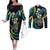 Hawaii Shaka Sign Couples Matching Off The Shoulder Long Sleeve Dress and Long Sleeve Button Shirt Fantastic Frangipani Chartreuse Cyan