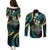 Hawaii Shaka Sign Couples Matching Puletasi and Long Sleeve Button Shirt Fantastic Frangipani Chartreuse Cyan
