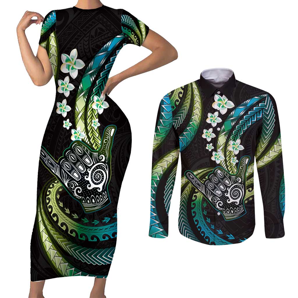 Hawaii Shaka Sign Couples Matching Short Sleeve Bodycon Dress and Long Sleeve Button Shirt Fantastic Frangipani Chartreuse Cyan