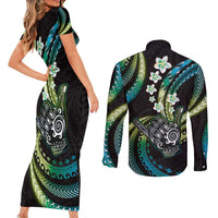 Hawaii Shaka Sign Couples Matching Short Sleeve Bodycon Dress and Long Sleeve Button Shirt Fantastic Frangipani Chartreuse Cyan