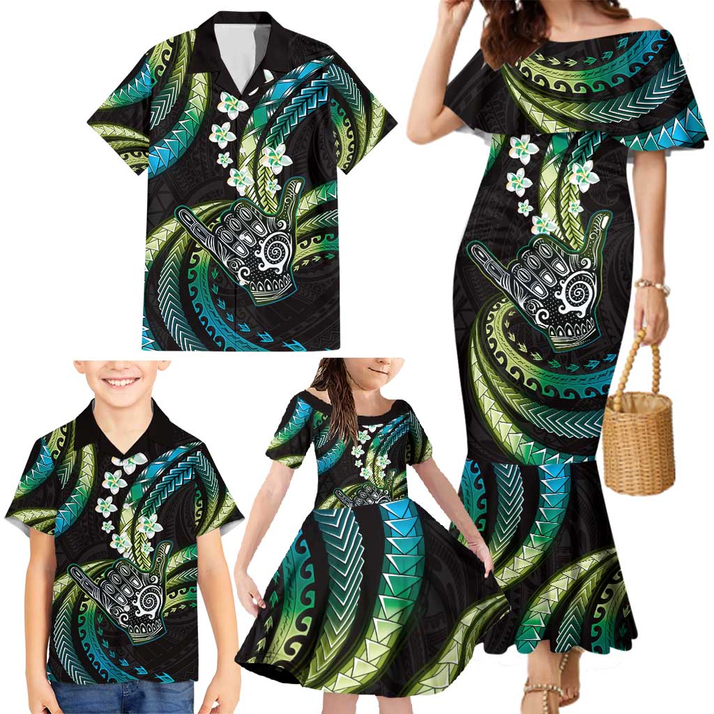 Hawaii Shaka Sign Family Matching Mermaid Dress and Hawaiian Shirt Fantastic Frangipani Chartreuse Cyan