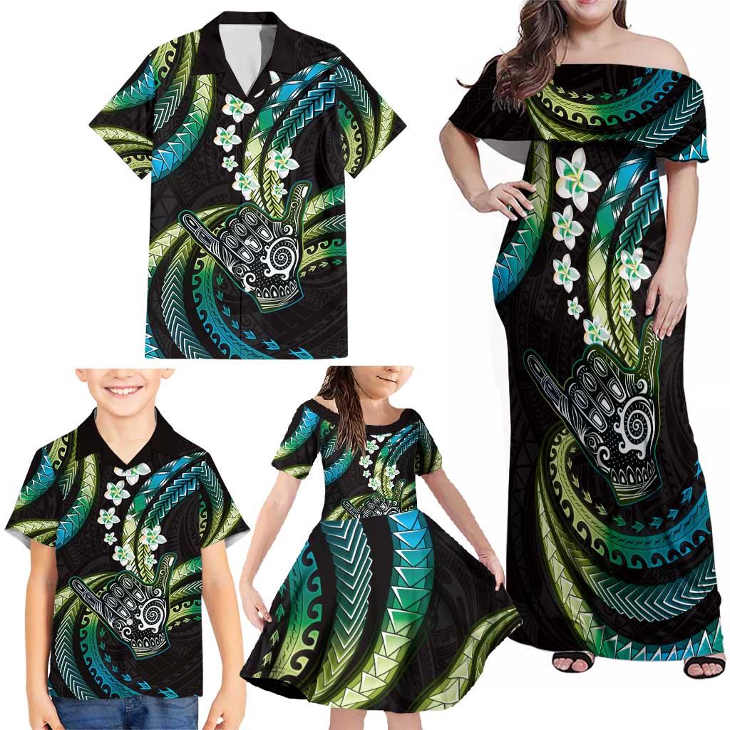 Hawaii Shaka Sign Family Matching Off Shoulder Maxi Dress and Hawaiian Shirt Fantastic Frangipani Chartreuse Cyan