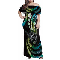 Hawaii Shaka Sign Family Matching Off Shoulder Maxi Dress and Hawaiian Shirt Fantastic Frangipani Chartreuse Cyan