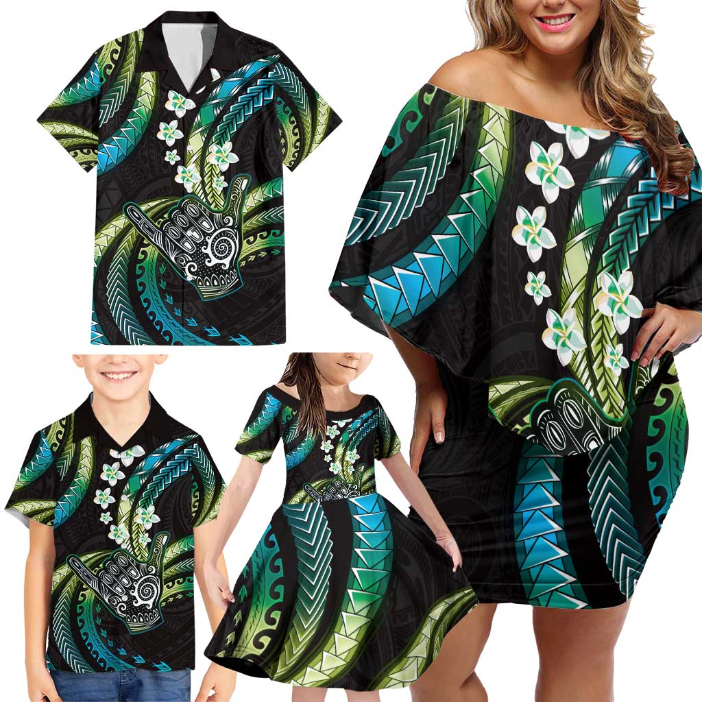Hawaii Shaka Sign Family Matching Off Shoulder Short Dress and Hawaiian Shirt Fantastic Frangipani Chartreuse Cyan