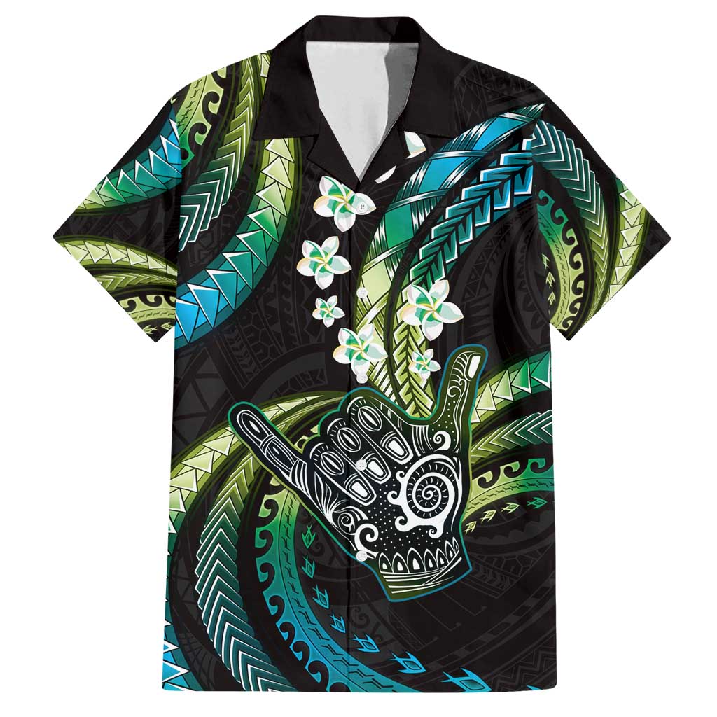 Hawaii Shaka Sign Family Matching Off Shoulder Short Dress and Hawaiian Shirt Fantastic Frangipani Chartreuse Cyan