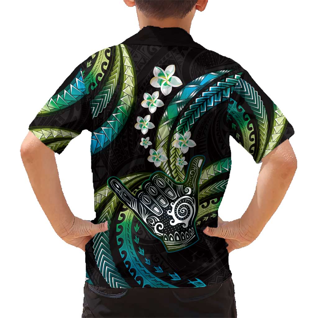 Hawaii Shaka Sign Family Matching Short Sleeve Bodycon Dress and Hawaiian Shirt Fantastic Frangipani Chartreuse Cyan