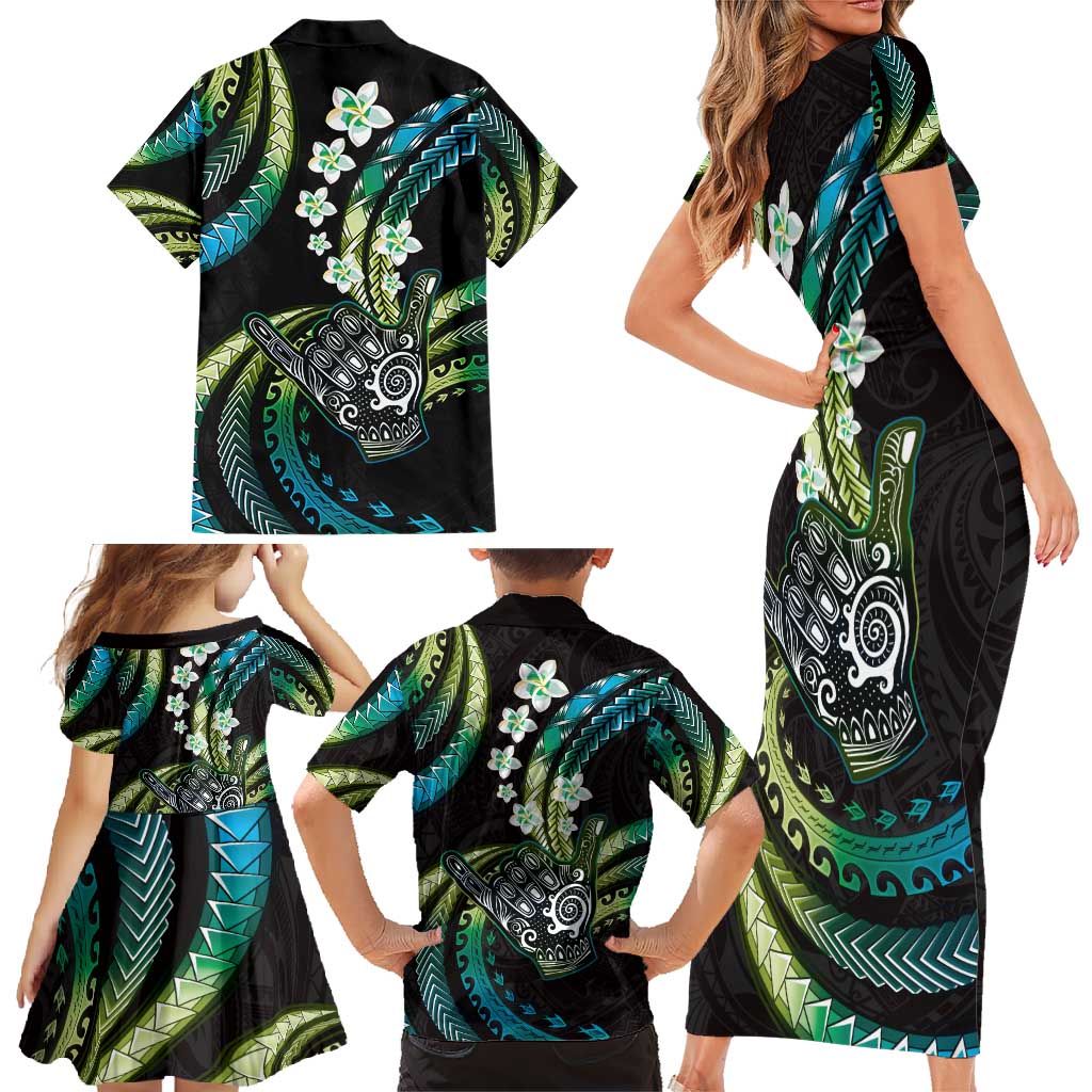 Hawaii Shaka Sign Family Matching Short Sleeve Bodycon Dress and Hawaiian Shirt Fantastic Frangipani Chartreuse Cyan
