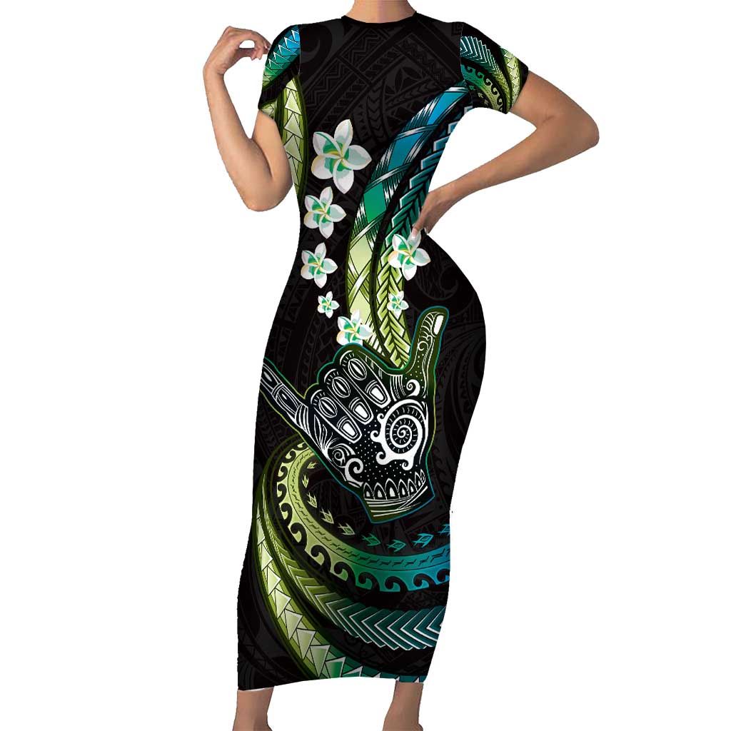 Hawaii Shaka Sign Family Matching Short Sleeve Bodycon Dress and Hawaiian Shirt Fantastic Frangipani Chartreuse Cyan