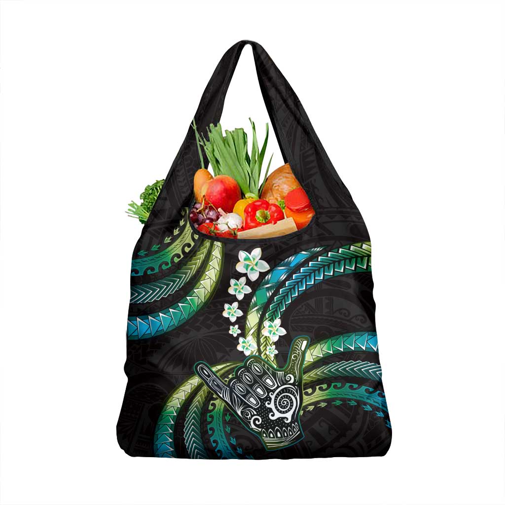 Hawaii Shaka Sign Grocery Bag Fantastic Frangipani Chartreuse Cyan