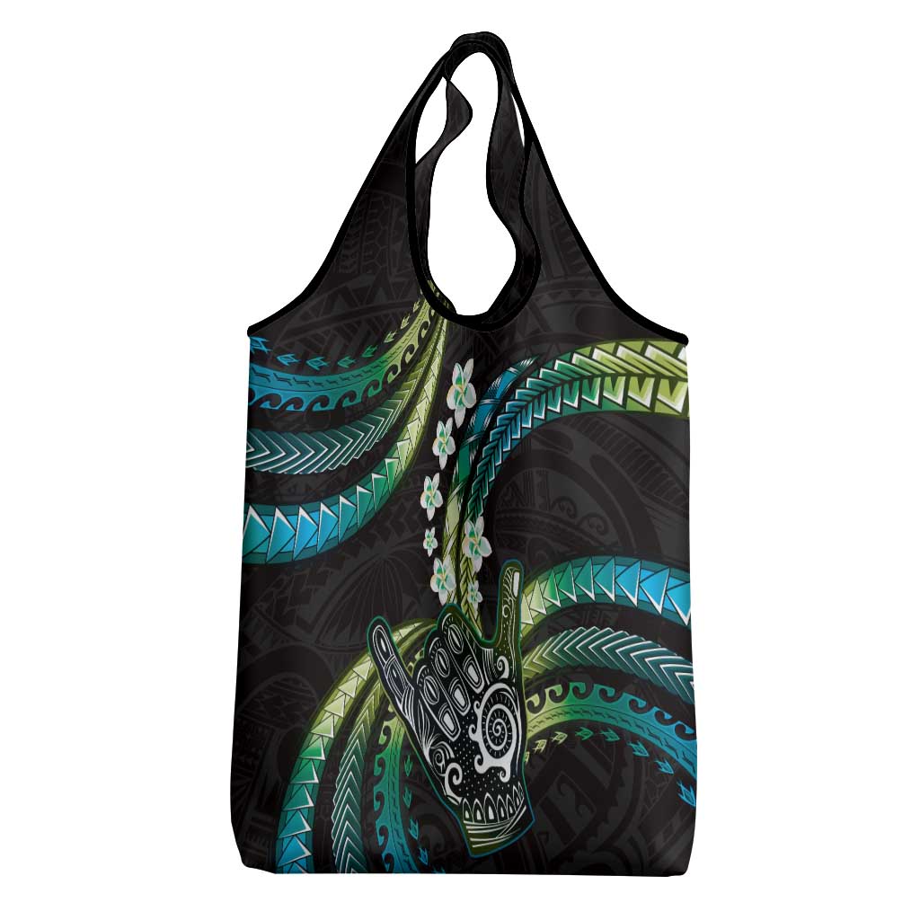 Hawaii Shaka Sign Grocery Bag Fantastic Frangipani Chartreuse Cyan