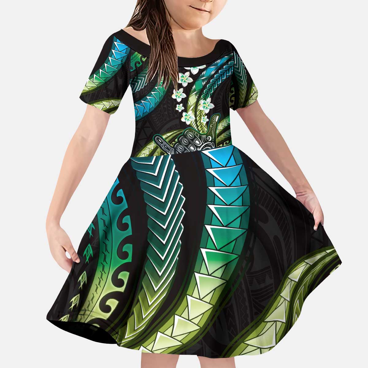 Hawaii Shaka Sign Kid Short Sleeve Dress Fantastic Frangipani Chartreuse Cyan