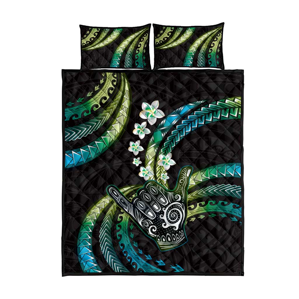Hawaii Shaka Sign Quilt Bed Set Fantastic Frangipani Chartreuse Cyan