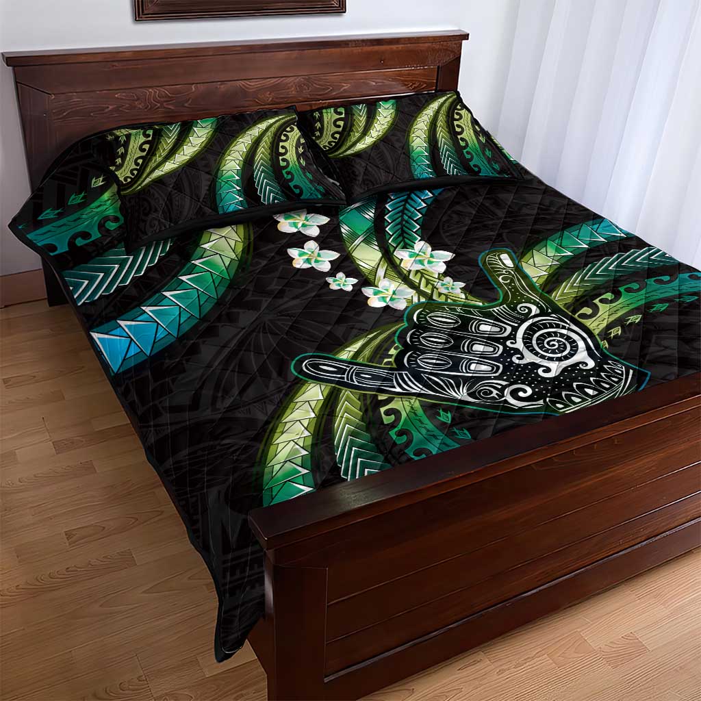 Hawaii Shaka Sign Quilt Bed Set Fantastic Frangipani Chartreuse Cyan
