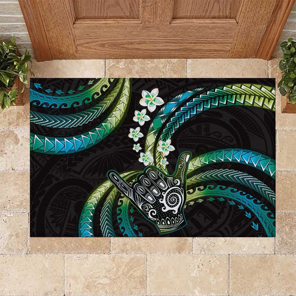 Hawaii Shaka Sign Rubber Doormat Fantastic Frangipani Chartreuse Cyan
