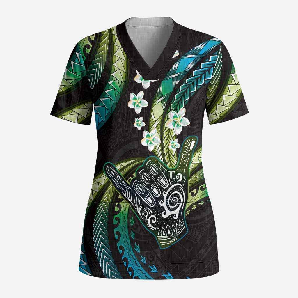 Hawaii Shaka Sign Scrub Top Fantastic Frangipani Chartreuse Cyan - Polynesian Pride