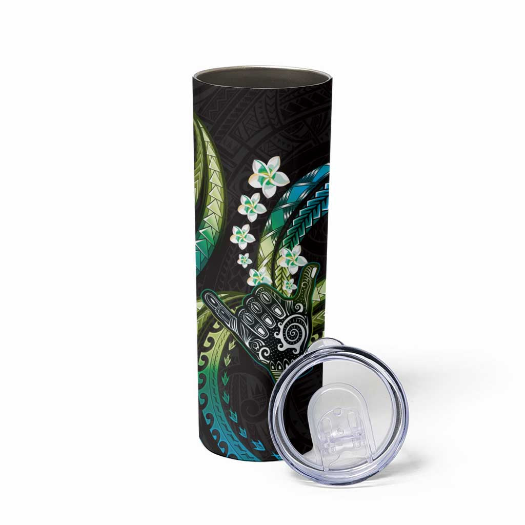Hawaii Shaka Sign Skinny Tumbler Fantastic Frangipani Chartreuse Cyan