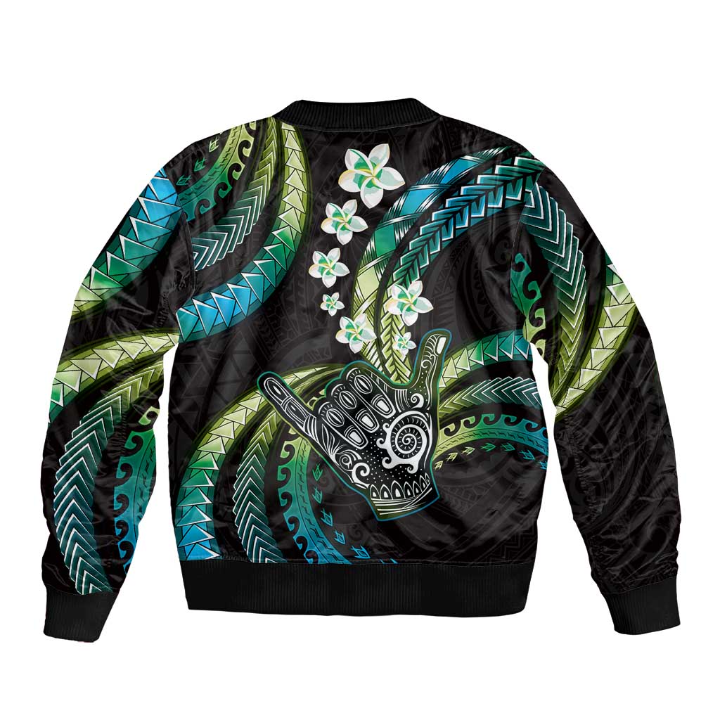 Hawaii Shaka Sign Sleeve Zip Bomber Jacket Fantastic Frangipani Chartreuse Cyan LT01 - Polynesian Pride