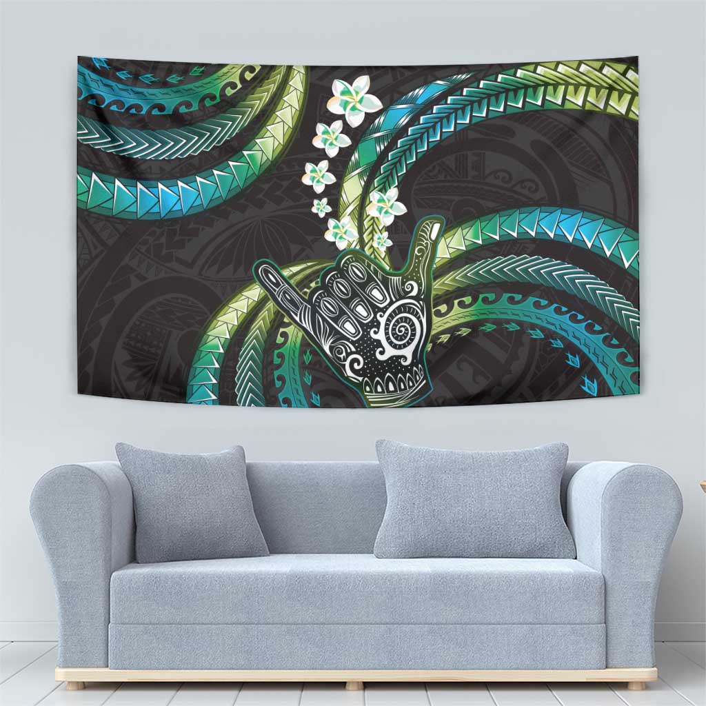 Hawaii Shaka Sign Tapestry Fantastic Frangipani Chartreuse Cyan