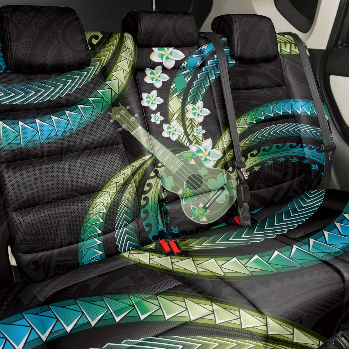 Hawaiian Ukulele Back Car Seat Cover Chartreuse Cyan Fantastic Plumeria