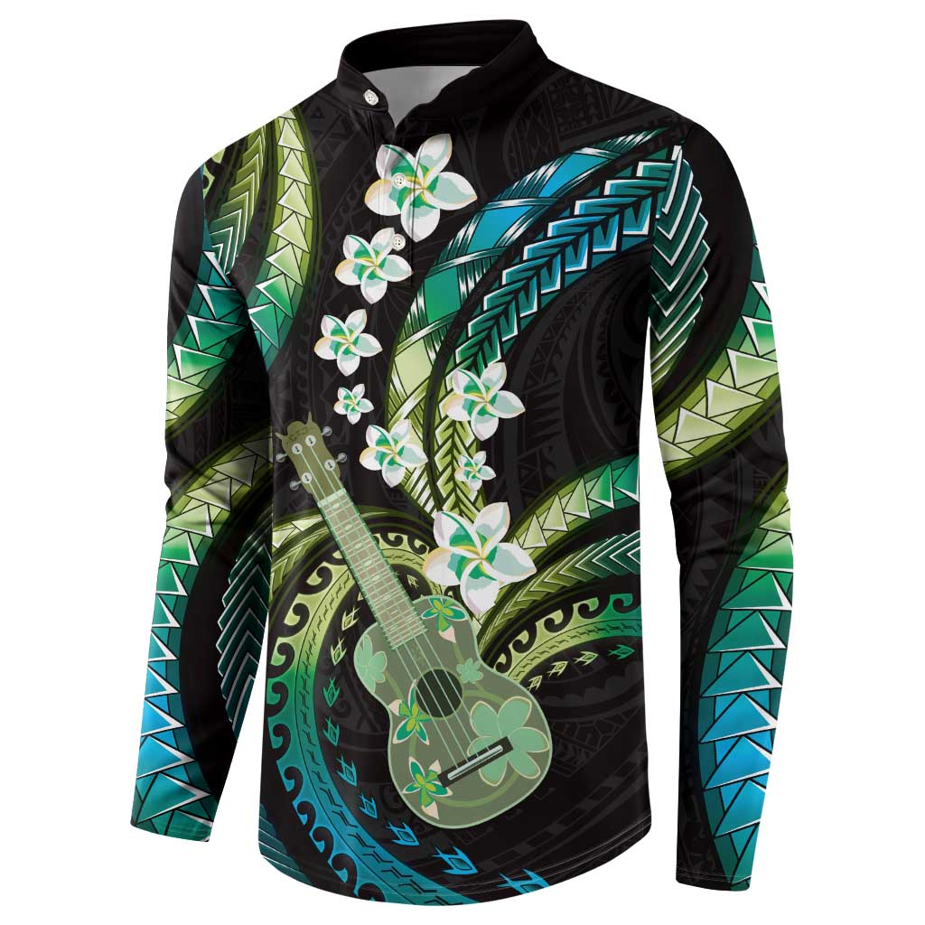 Hawaiian Ukulele Button Sweatshirt Chartreuse Cyan Fantastic Plumeria