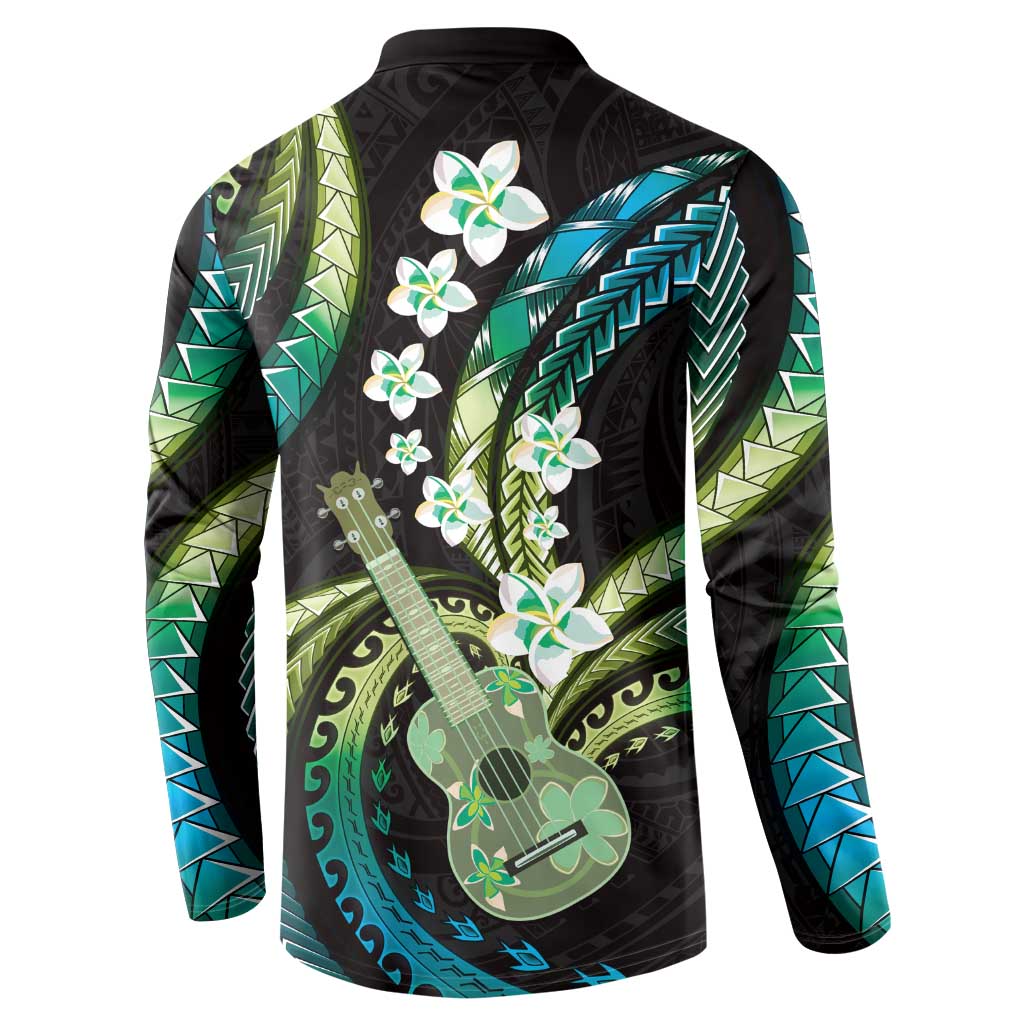 Hawaiian Ukulele Button Sweatshirt Chartreuse Cyan Fantastic Plumeria
