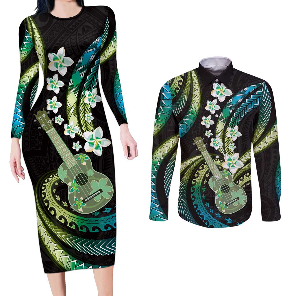 Hawaiian Ukulele Couples Matching Long Sleeve Bodycon Dress and Long Sleeve Button Shirt Chartreuse Cyan Fantastic Plumeria
