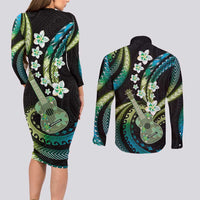 Hawaiian Ukulele Couples Matching Long Sleeve Bodycon Dress and Long Sleeve Button Shirt Chartreuse Cyan Fantastic Plumeria