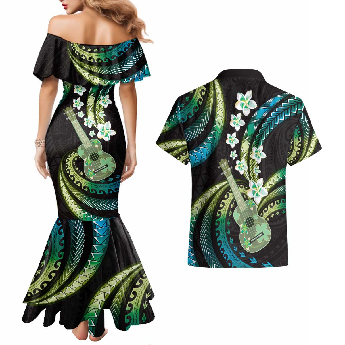 Hawaiian Ukulele Couples Matching Mermaid Dress and Hawaiian Shirt Chartreuse Cyan Fantastic Plumeria