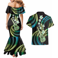 Hawaiian Ukulele Couples Matching Mermaid Dress and Hawaiian Shirt Chartreuse Cyan Fantastic Plumeria